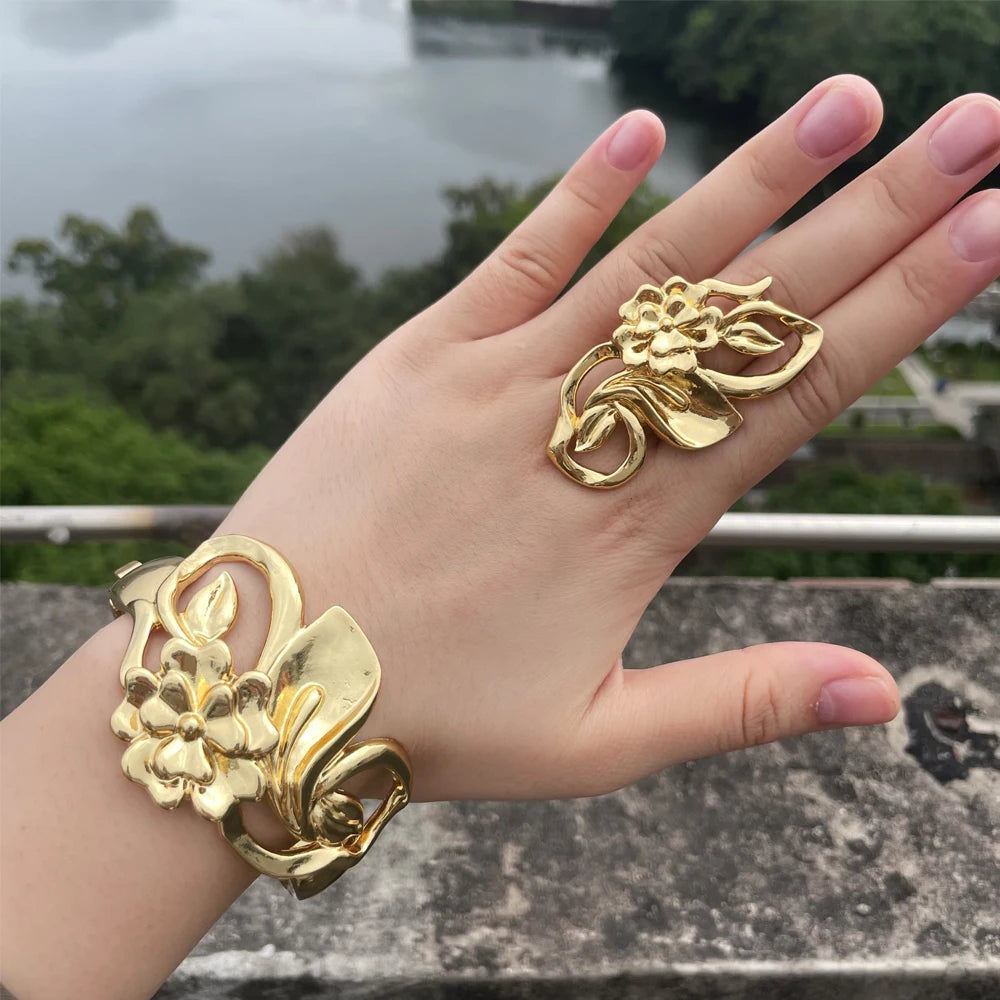 Luxury Dubai Gold Plated Bracelet Ring Copper Cuff Flower Bangle