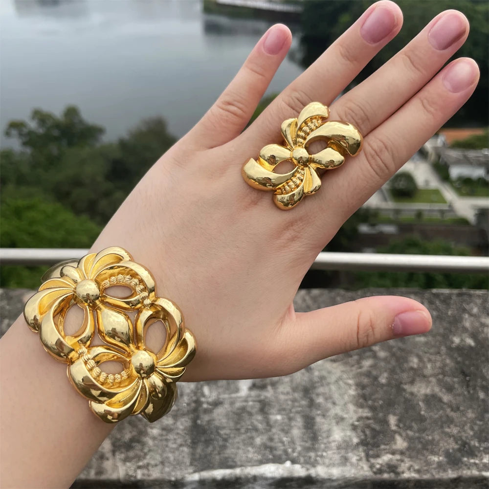 Luxury Dubai Gold Plated Bracelet Ring Copper Cuff Flower Bangle