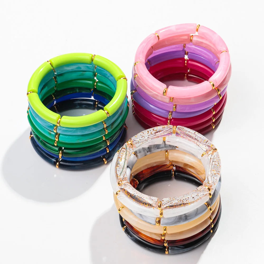 New Bohemia Acrylic 3Pcs Bamboo Tubule Bracelet Set for Women