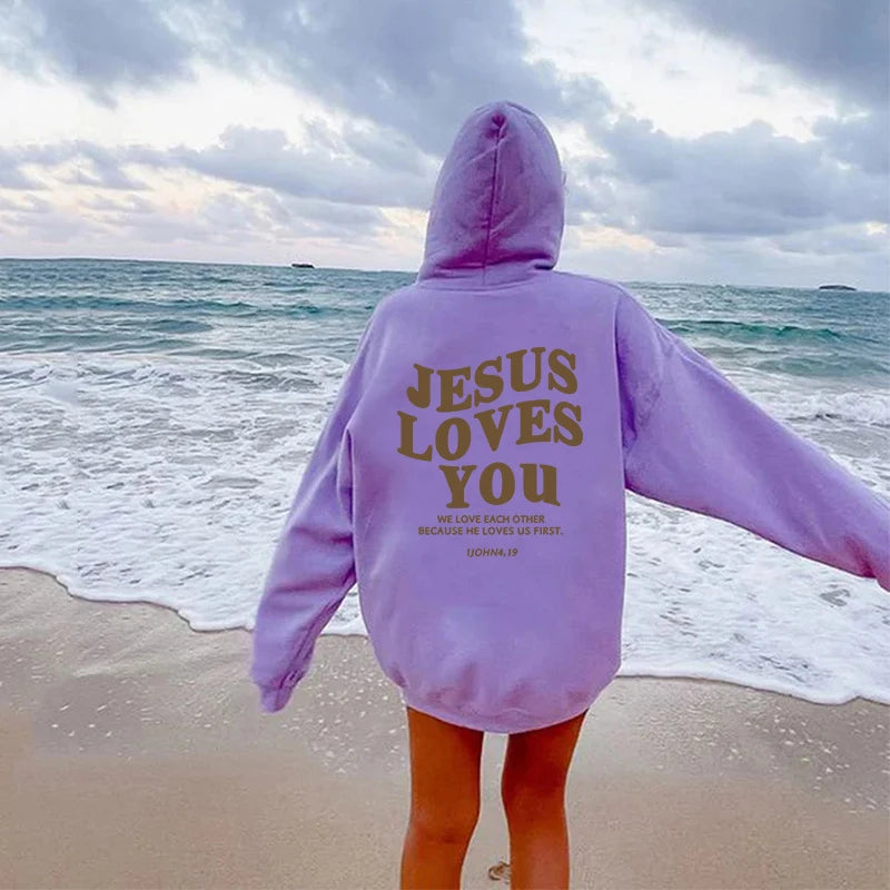 Jesus Loves You Oversized Graphic Hoodie Women