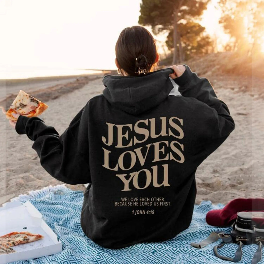 Jesus Loves You Oversized Graphic Hoodie Women