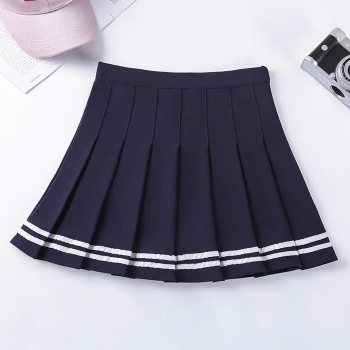 Navy Style Half-Length Striped Elastic Waist Skirt